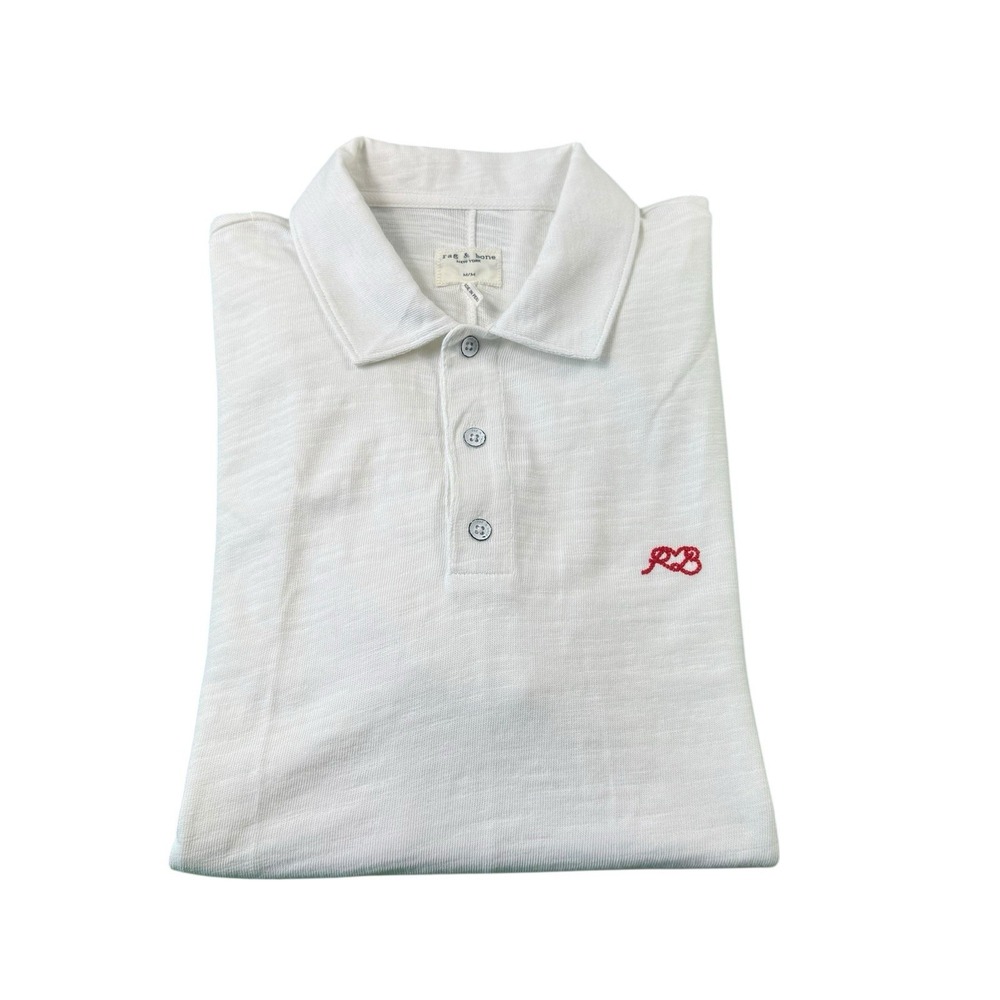 Rag & Bone White Cotton Metal Button Polo Shirt Mens Medium Red RB Logo